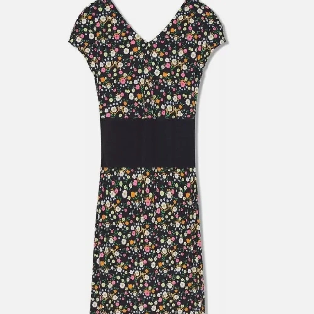 Tory Burch Sheath Dress Black Floral Short Sleeve with V-Neck S (Orig. $456)
